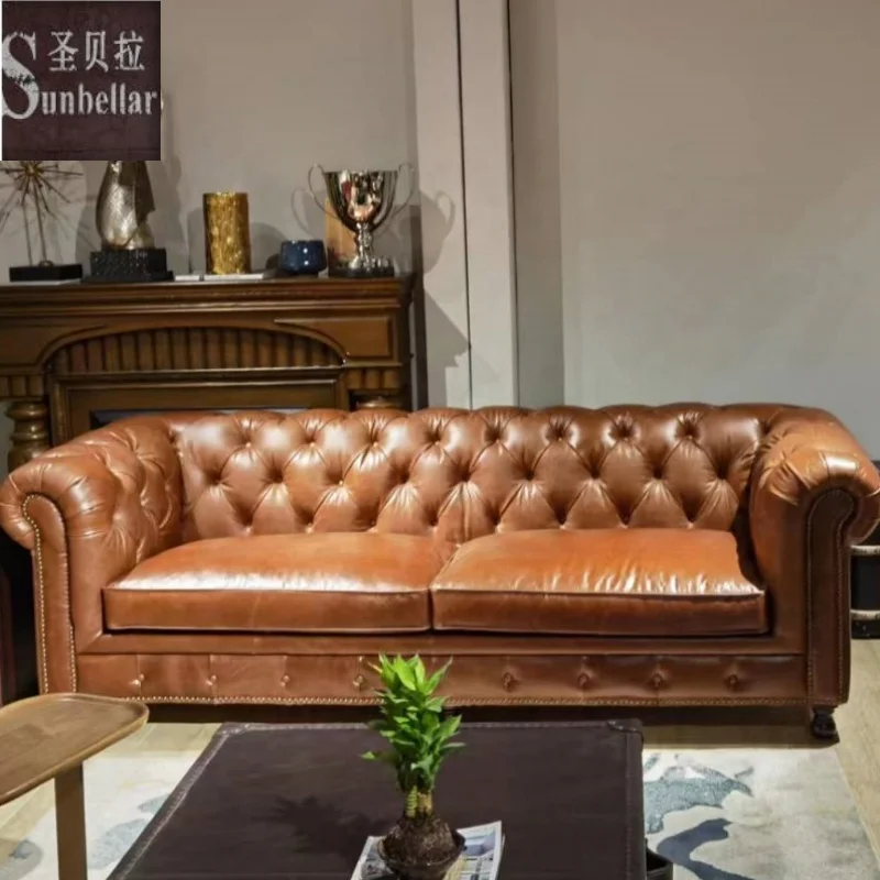 antique high quality vintage genuine leather sofa set 100% top grain leather chesterfield sofa luxury living room sofa furniture