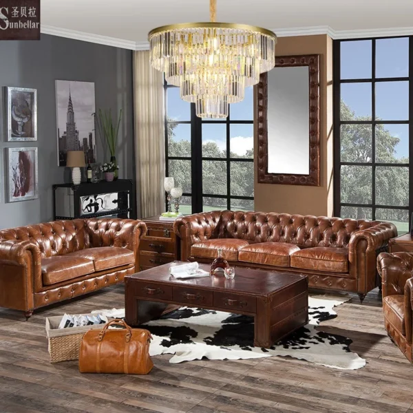 Home antique high quality vintage genuine leather sofa set 100% top grain leather chesterfield sofa luxury living room sofa furniture