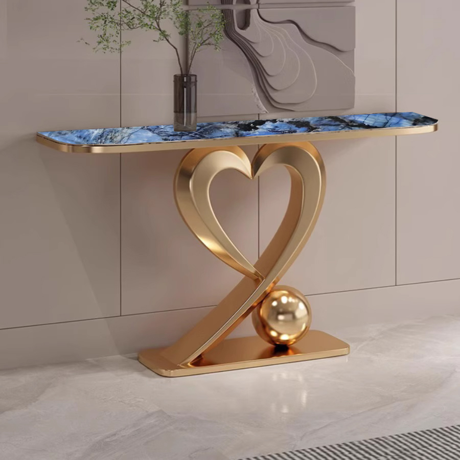 Home contemporary baroque style long stainless steel console table gold square narrow entry with storage for living room furniture